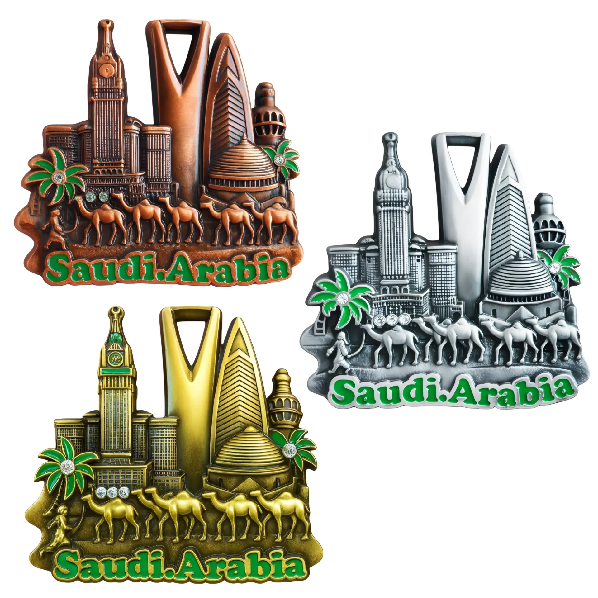 Saudi Arabia 3D Metal Fridge Magnet bronze, silver/pewter, and gold. 3 Pcs 